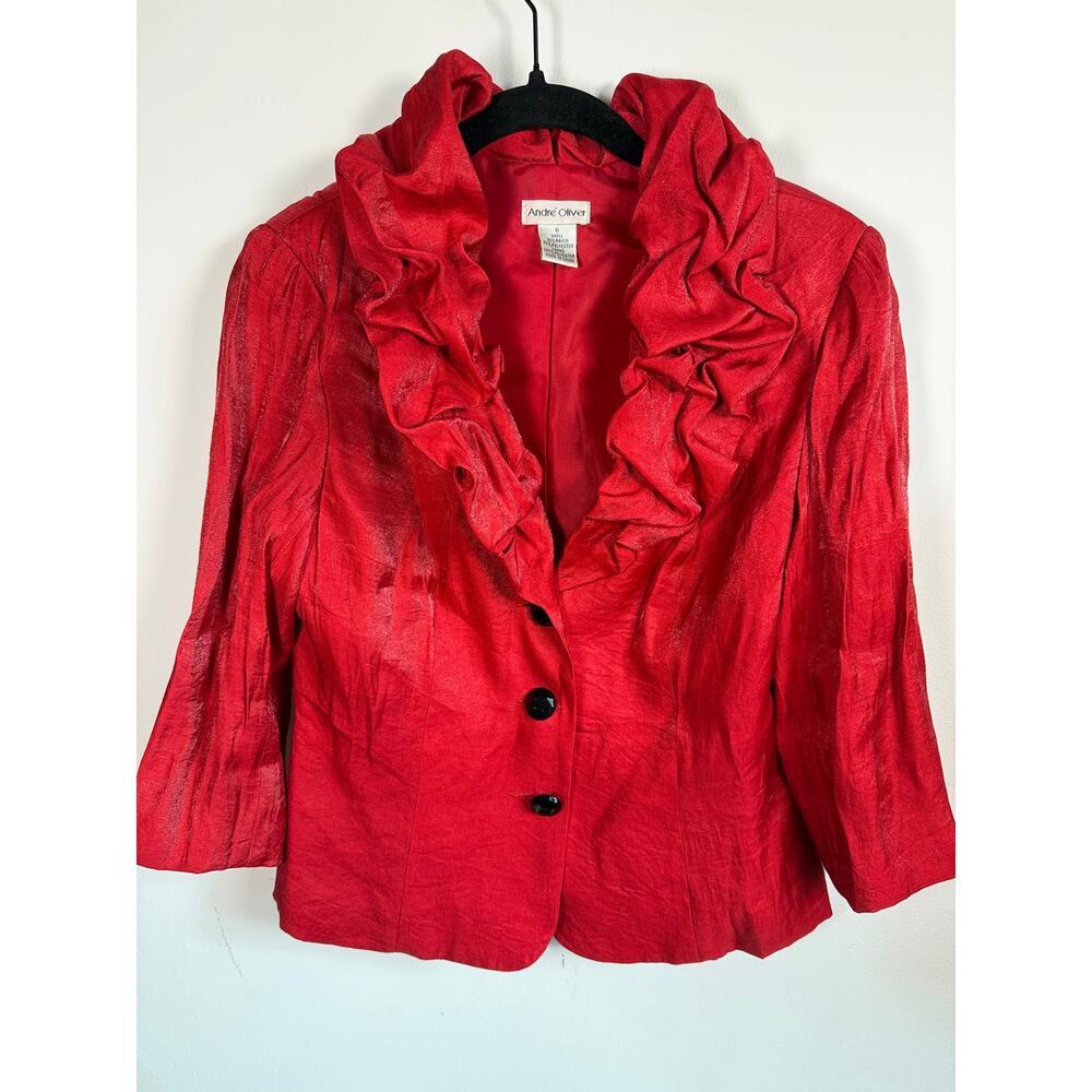 André Oliver Red Ruffle Collar Shimmer Jacket Blazer Size 6 Y2K Partycore - Picture 3 of 5